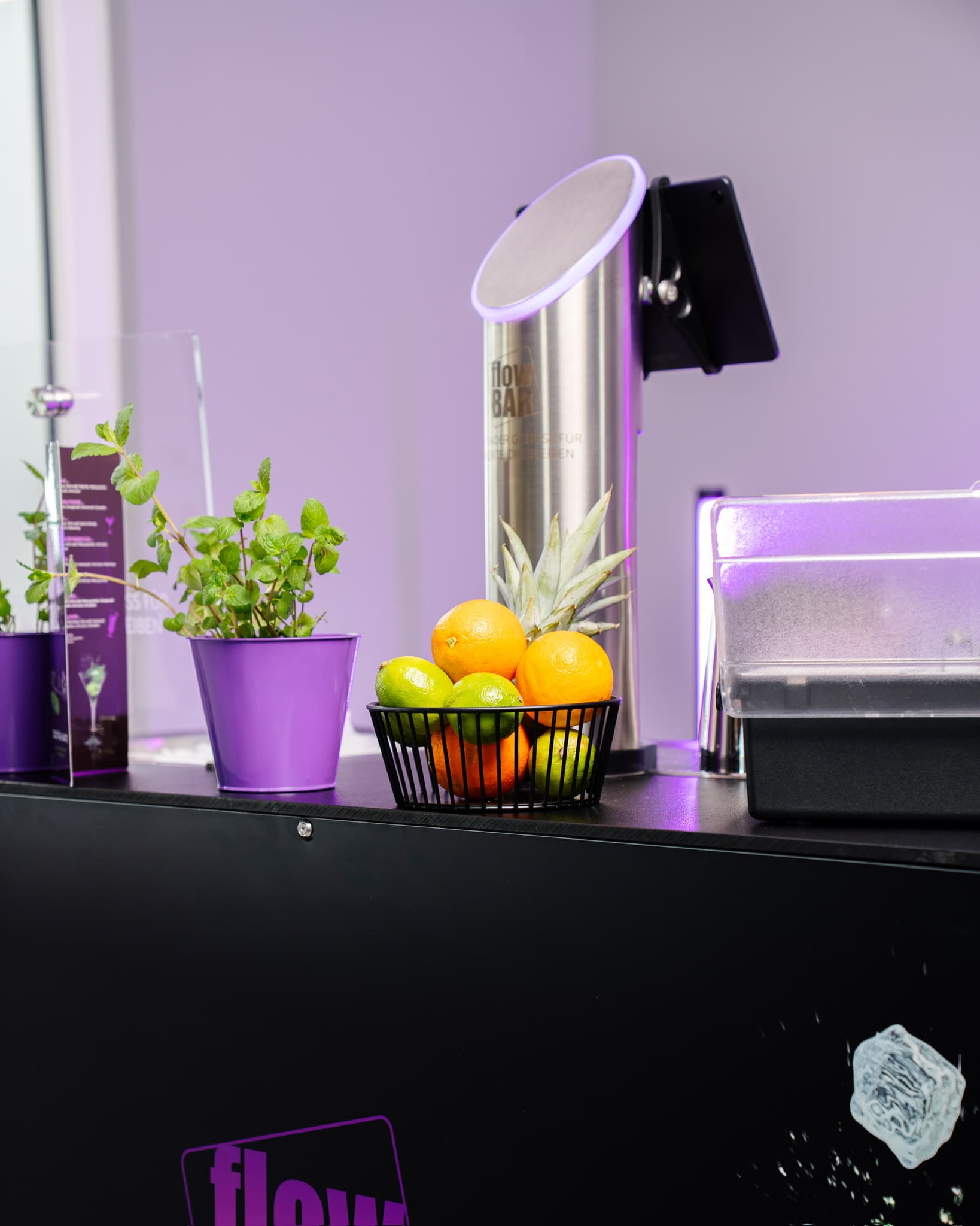 flowBAR Arbeitsfläche mit Kräutern und Früchten